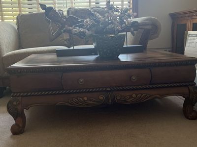 Ornate Traditional Wood Coffee Table with Two Drawers and End One Table - Excellent Condition