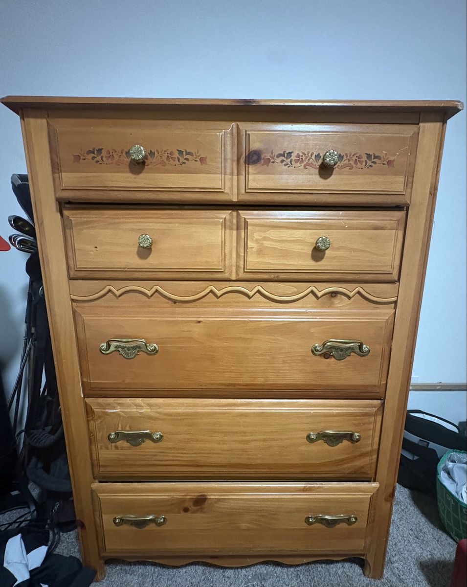 Wooden Dresser with Floral Accents & Brass Hardware - 5 Drawers