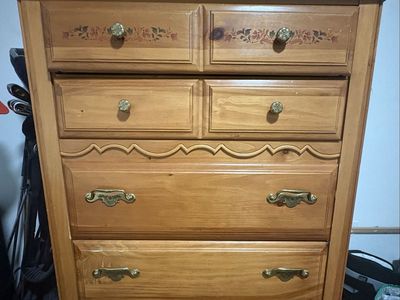 Wooden Dresser with Floral Accents & Brass Hardware - 5 Drawers