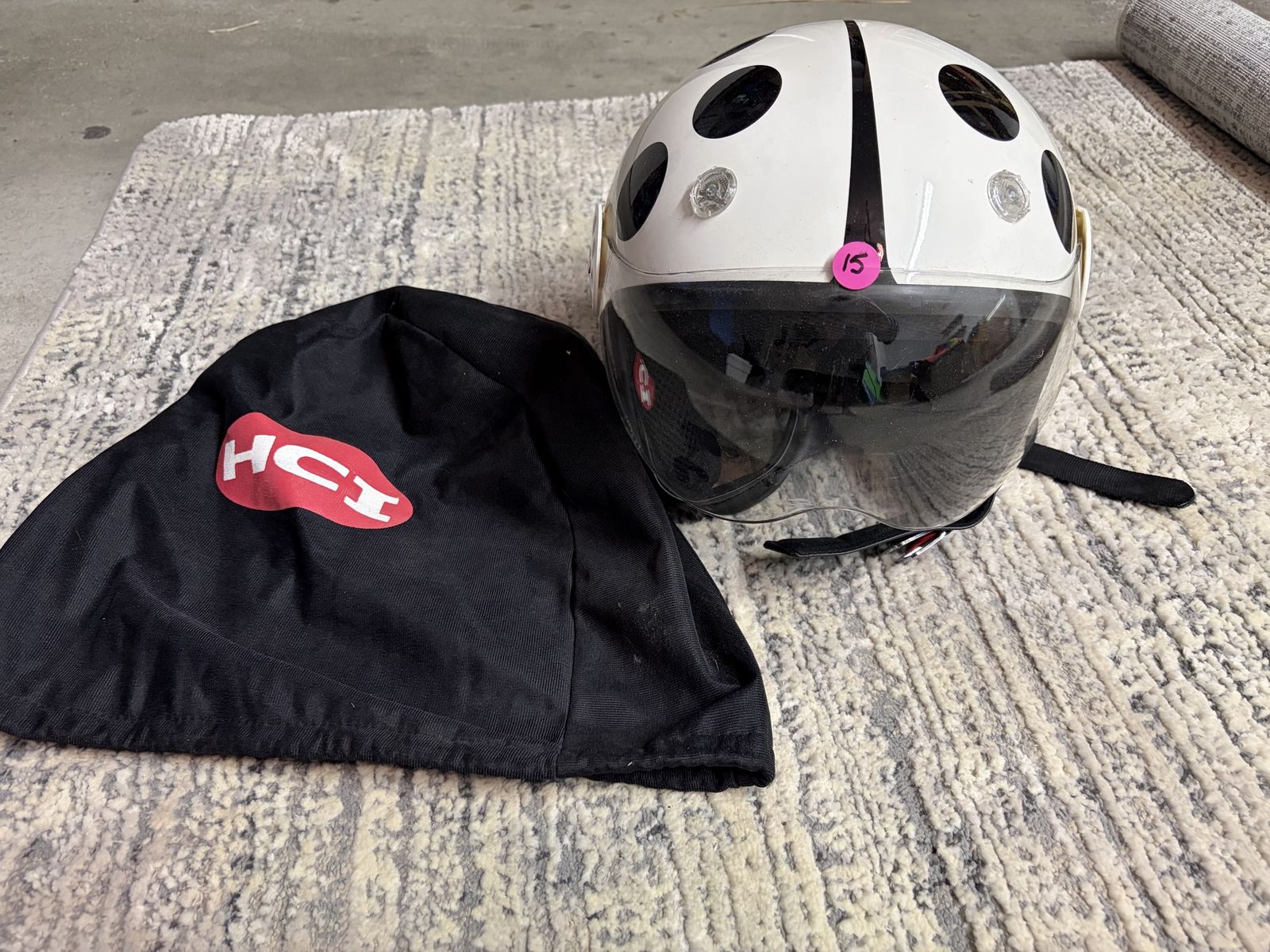 HCI Motorsports Half Helmet White w/ Black Polka Dots, Clear Visor & HCI Bag