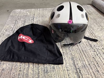 HCI Motorsports Half Helmet White w/ Black Polka Dots, Clear Visor & HCI Bag