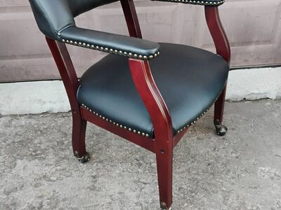 Black Vinyl And Mahogany Office Chair W/Casters