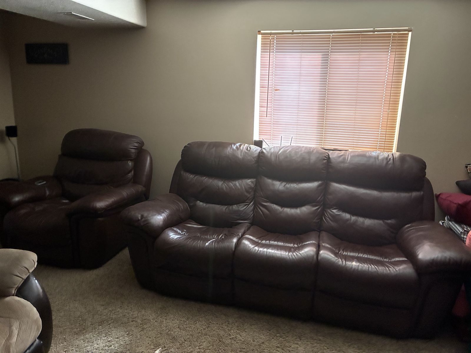 Brown Leather Reclining Sofa and Matching Recliner Chair Set & Tan Reclining Sofa