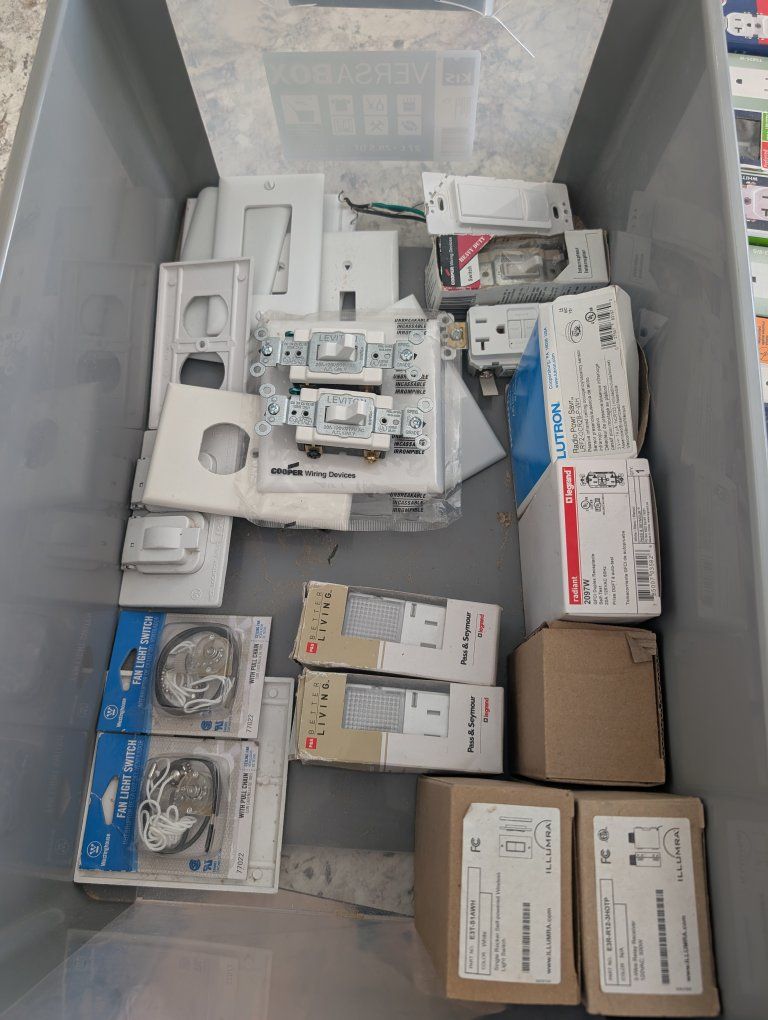 Assorted Electrical Components: Lutron Switches, Westinghouse Fan Light Switches, Outlets, & Wall Plates