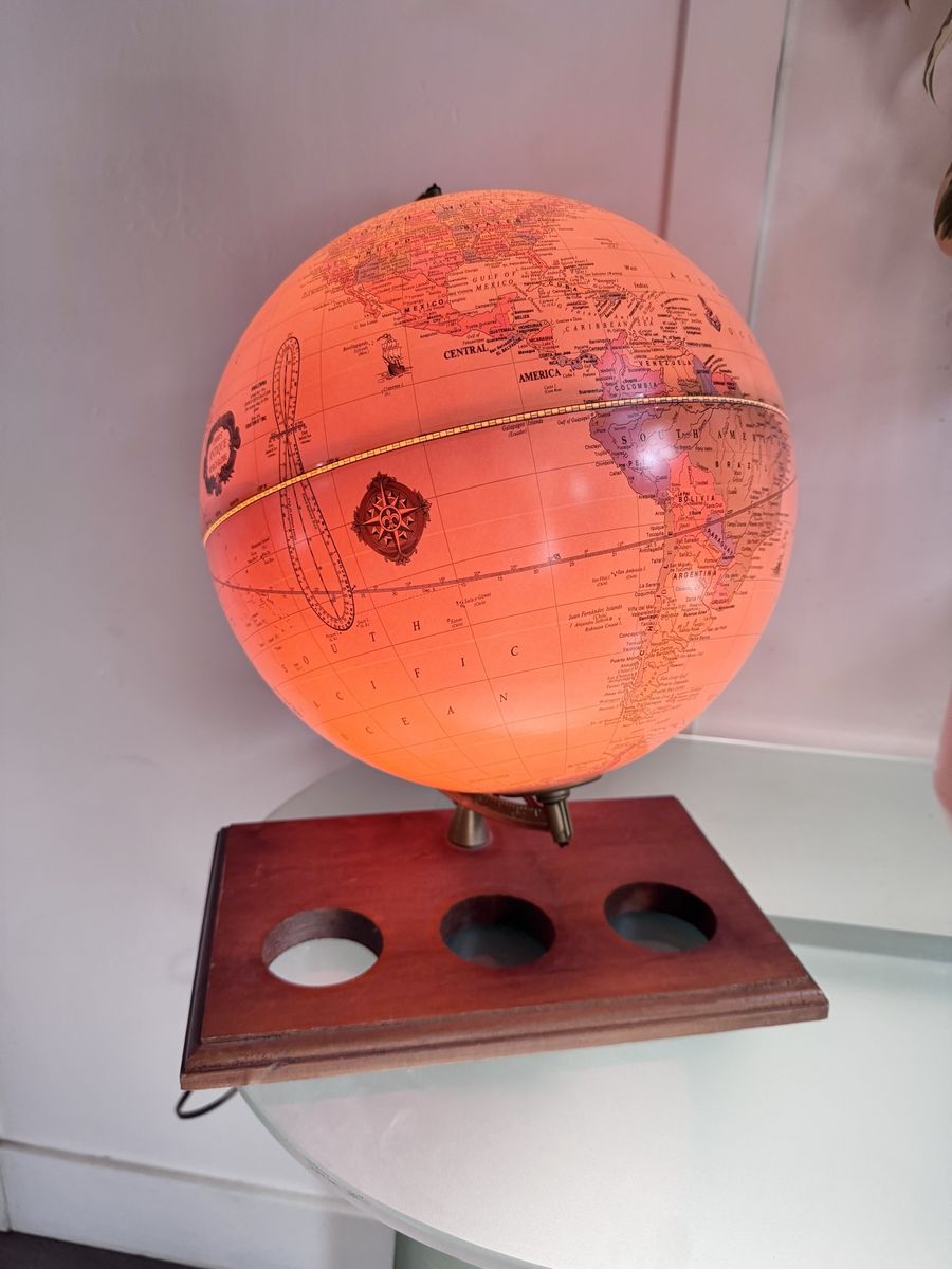 Vintage Mid Century Cram's Antique World Globe Illuminated Light Lamp Wood Base - As Is