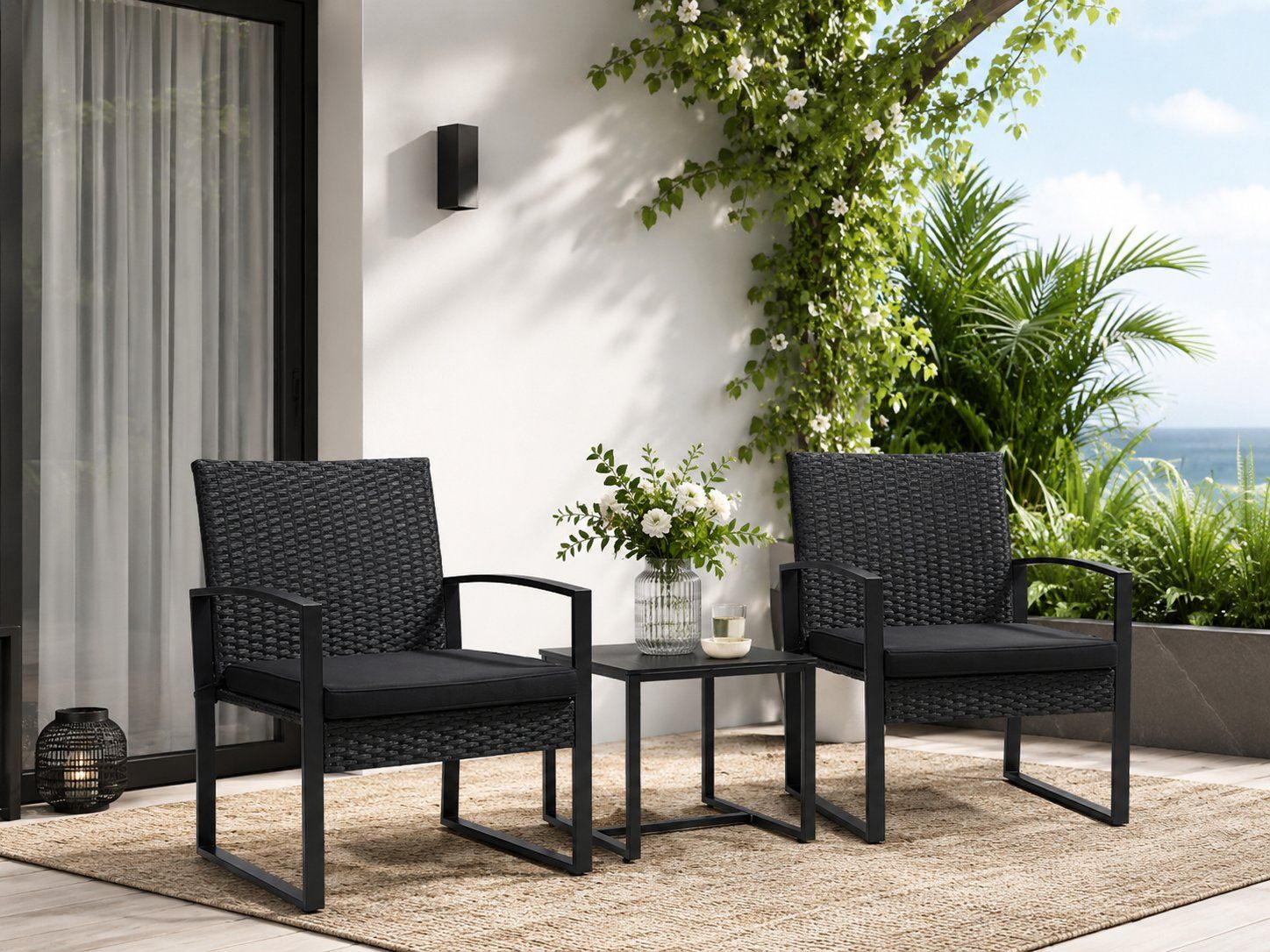 3-PIECE BLACK WICKER PATIO SET – 2 CHAIRS & SIDE TABLE