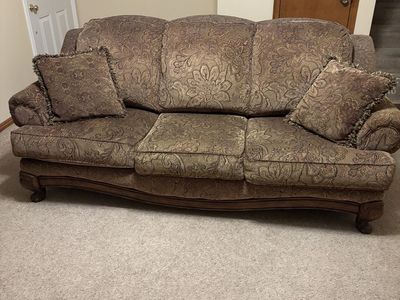 3-piece Brown Paisley Living Room Set (Sofa, Loveseat, Chair). Ornate Wood Trim, excellent condition.
