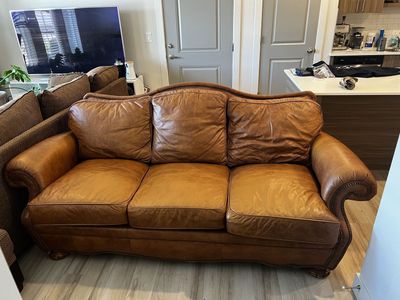 Bradington-Young Brown Leather Sofa Couch with nailhead trim