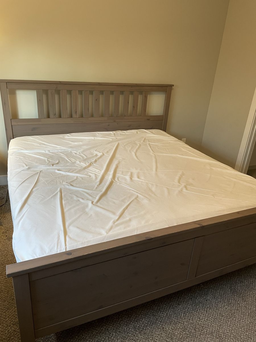 King size bed frame, mattress, mattress cover