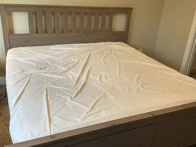 King size bed frame, mattress, mattress cover