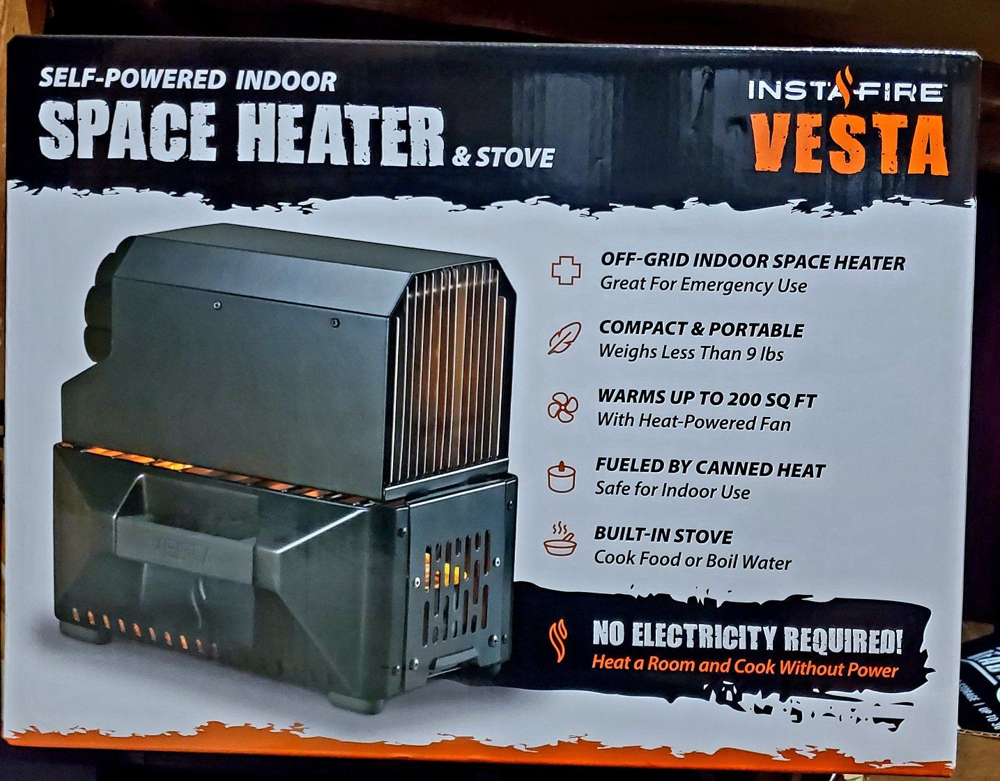 INSTA-FIRE Vesta Self-Powered Indoor Space Heater & Stove - Off-Grid, Portable, No Electricity - NEW IN BOX