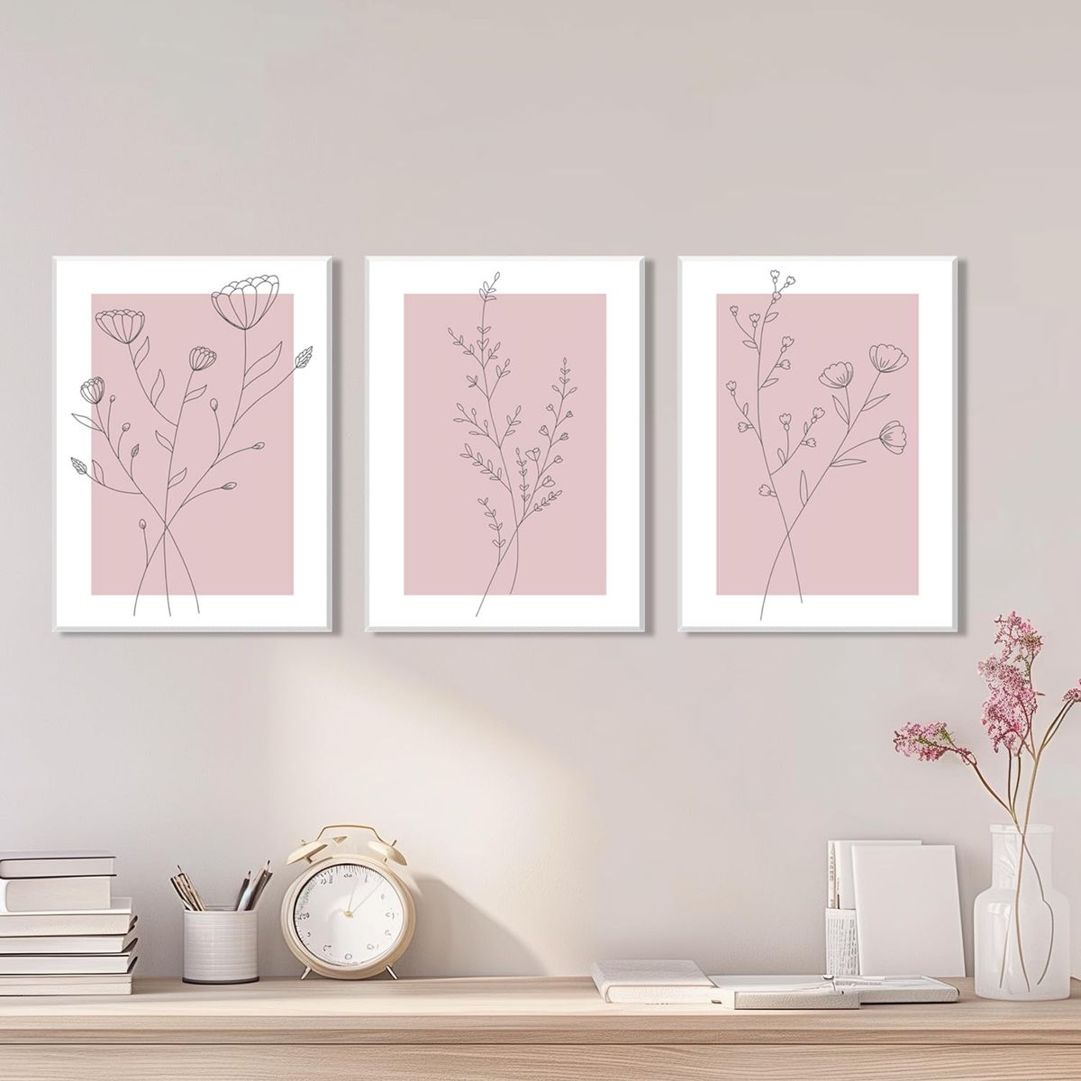 Set of 3 Framed Botanical Line Art Prints - Pink & White Minimalist Floral Canvas Wall Art 16x24"