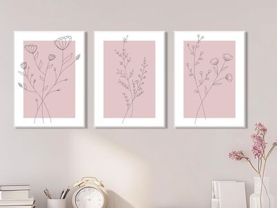 Set of 3 Framed Botanical Line Art Prints - Pink & White Minimalist Floral Canvas Wall Art 16x24"