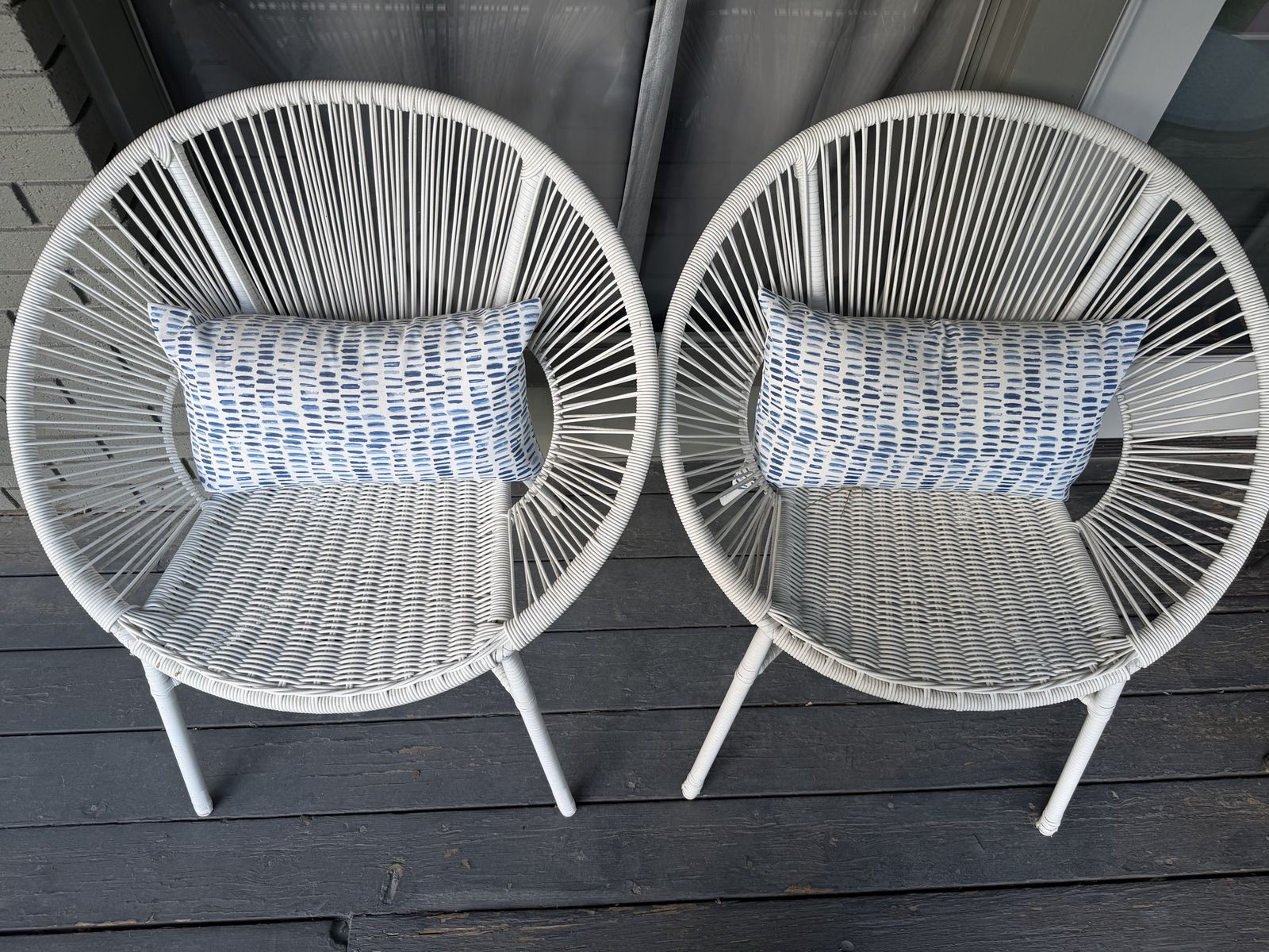 White Woven Outdoor Patio Set - 2 Chairs & 1 Loveseat with Blue Pillows
