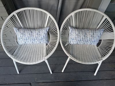 White Woven Outdoor Patio Set - 2 Chairs & 1 Loveseat with Blue Pillows