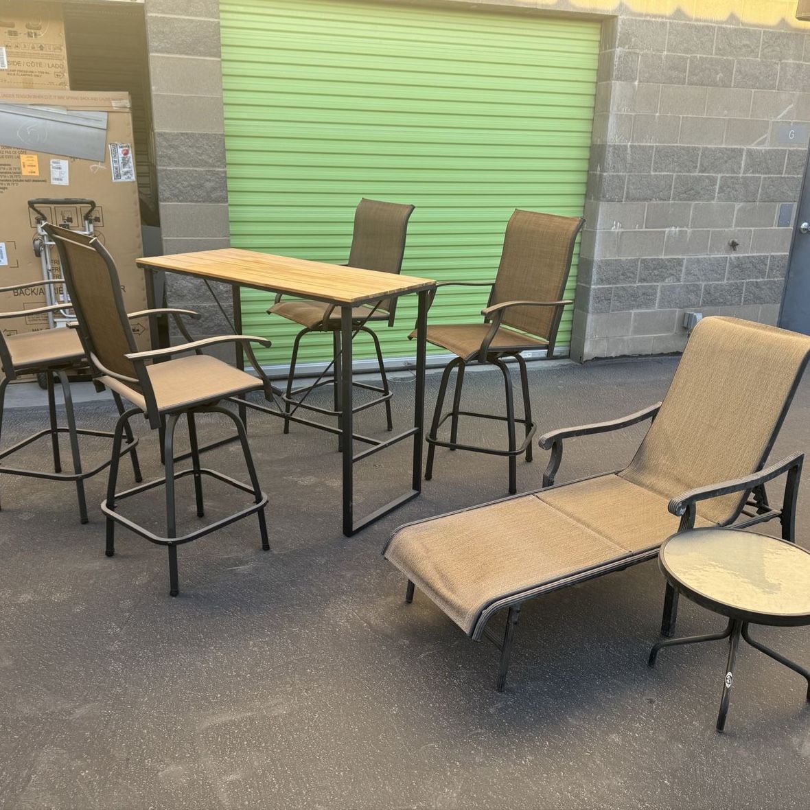 Outdoor Patio Bar Set with 4 Stools and Chaise Lounge with Side Table - Weather Resistant