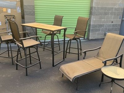 Outdoor Patio Bar Set with 4 Stools and Chaise Lounge with Side Table - Weather Resistant