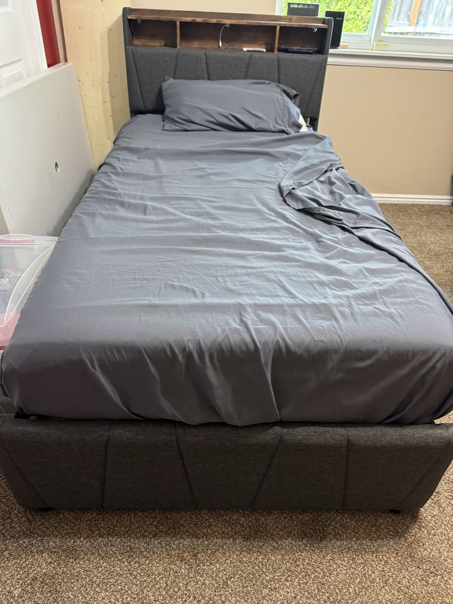 Dark Grey Upholstered Bed Frame with Storage Bookshelf Headboard and new 10@ gel memory foam mattress 