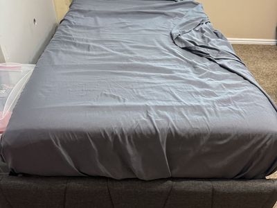 Dark Grey Upholstered Bed Frame with Storage Bookshelf Headboard and new 10@ gel memory foam mattress