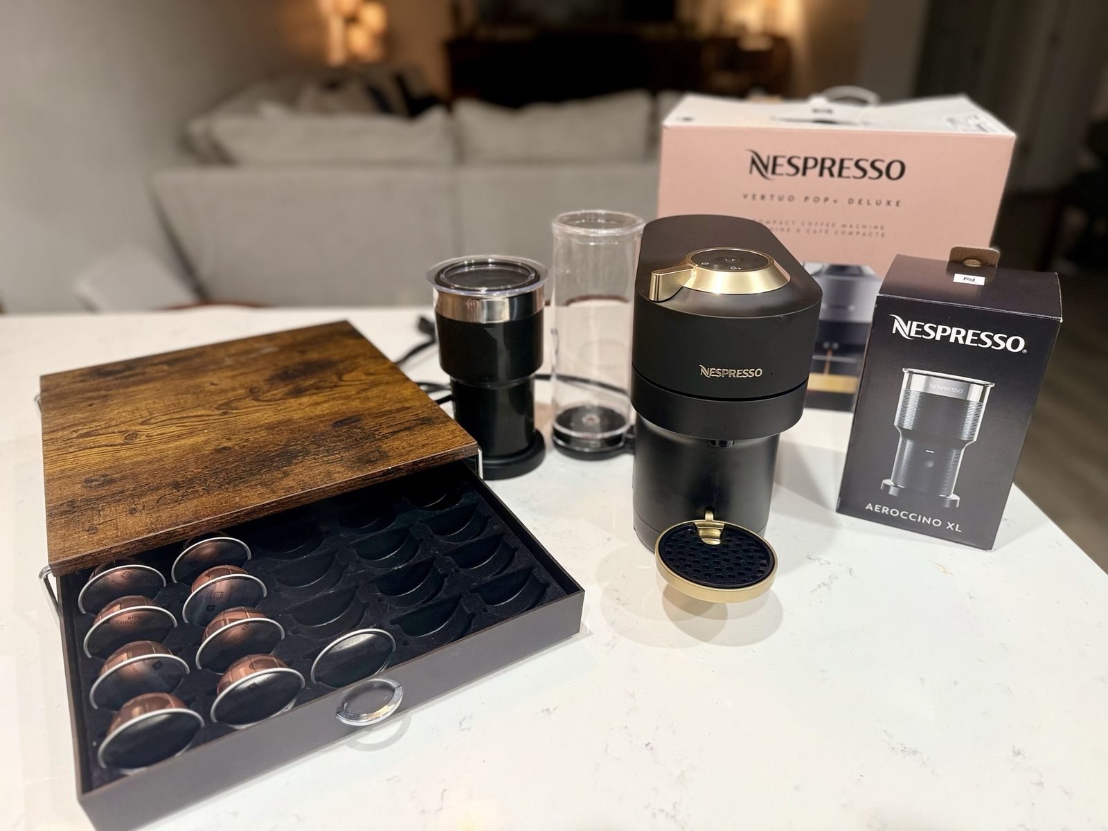 Nespresso Vertuo Pop+ Deluxe Matte Black Gold & Nespresso Aeroccino XL Milk Frother plus more!