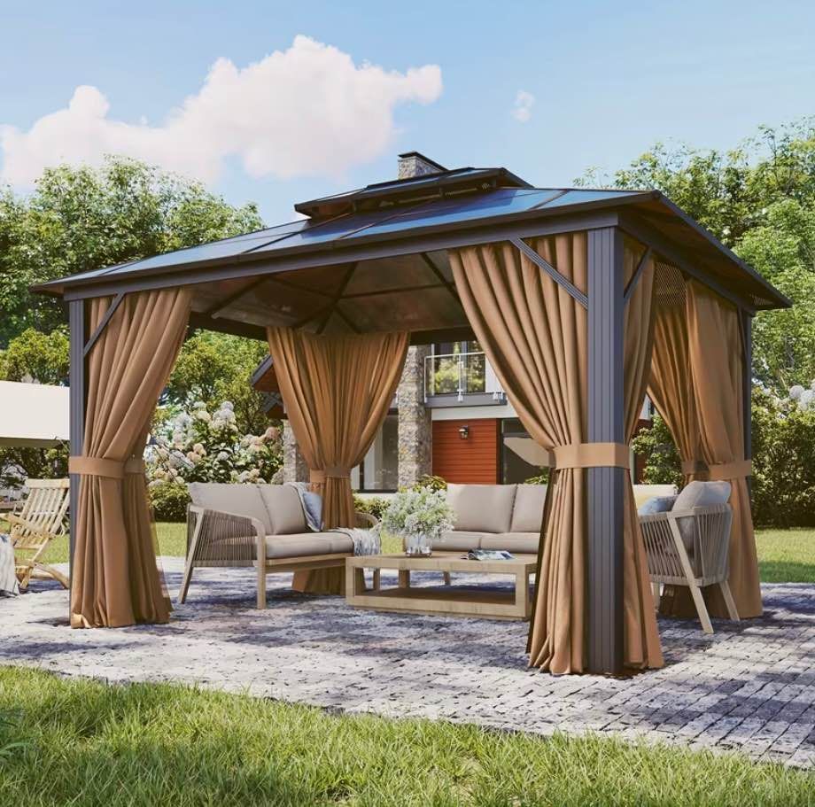 10’ x 12’ Hardtop Aluminum Brown Gazebo with Double Roof, New in Box