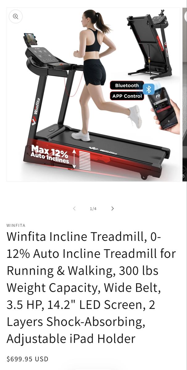 NEW Winfita Incline Treadmill - 0-12% Auto Incline, 300 lbs Capacity, Bluetooth, App Control, 14.2" LED Screen