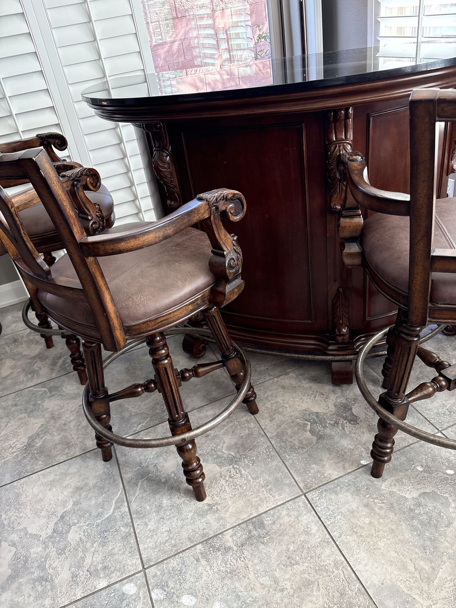 Beautiful Mahogany Bar With Marble Top And Chairs