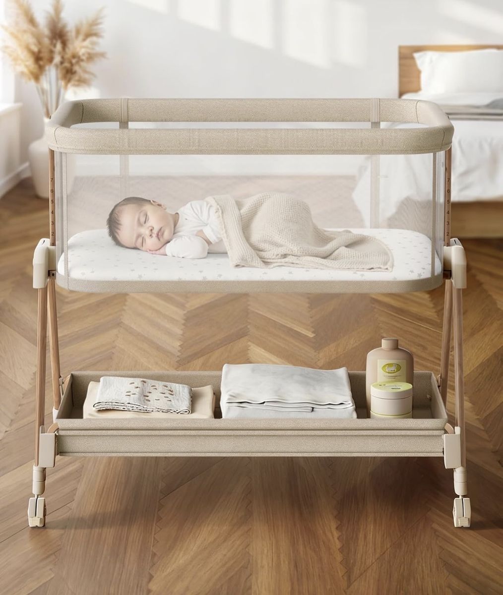 Adjustable Portable Baby Bassinet with Wheels and Storage Shelf