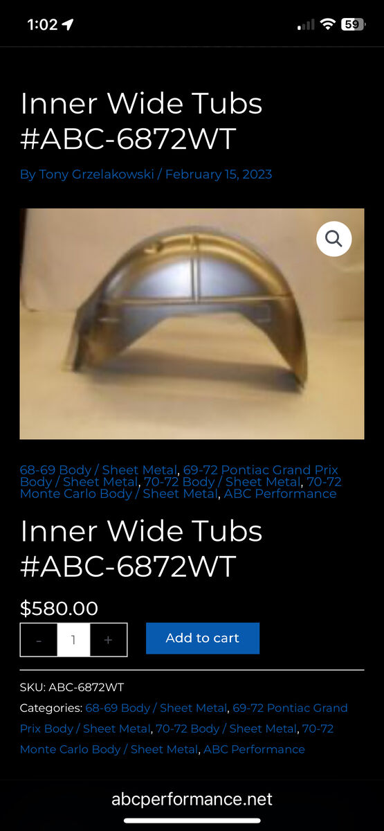 SKU: ABC-6872WT Inner Wide Tubs 68-72 GM A-body