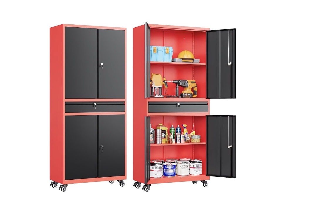NEW-Metal Storage Cabinet with Wheels and Drawer,Rolling Garage Storage Cabinet with Lock,Black Red Metal Cabinets with Wheel,73