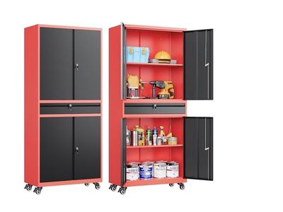 NEW-Metal Storage Cabinet with Wheels and Drawer,Rolling Garage Storage Cabinet with Lock,Black Red Metal Cabinets with Wheel,73