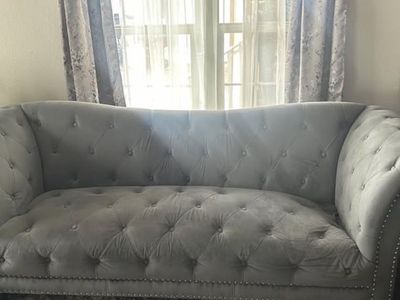 Gray Tufted Velvet Sofa and Chaise Lounge