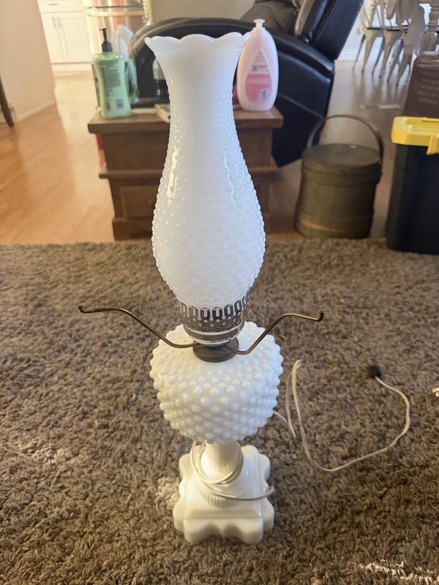 Vintage Milk Glass Hobnail Hurricane Lamp White Tabletop Lamp