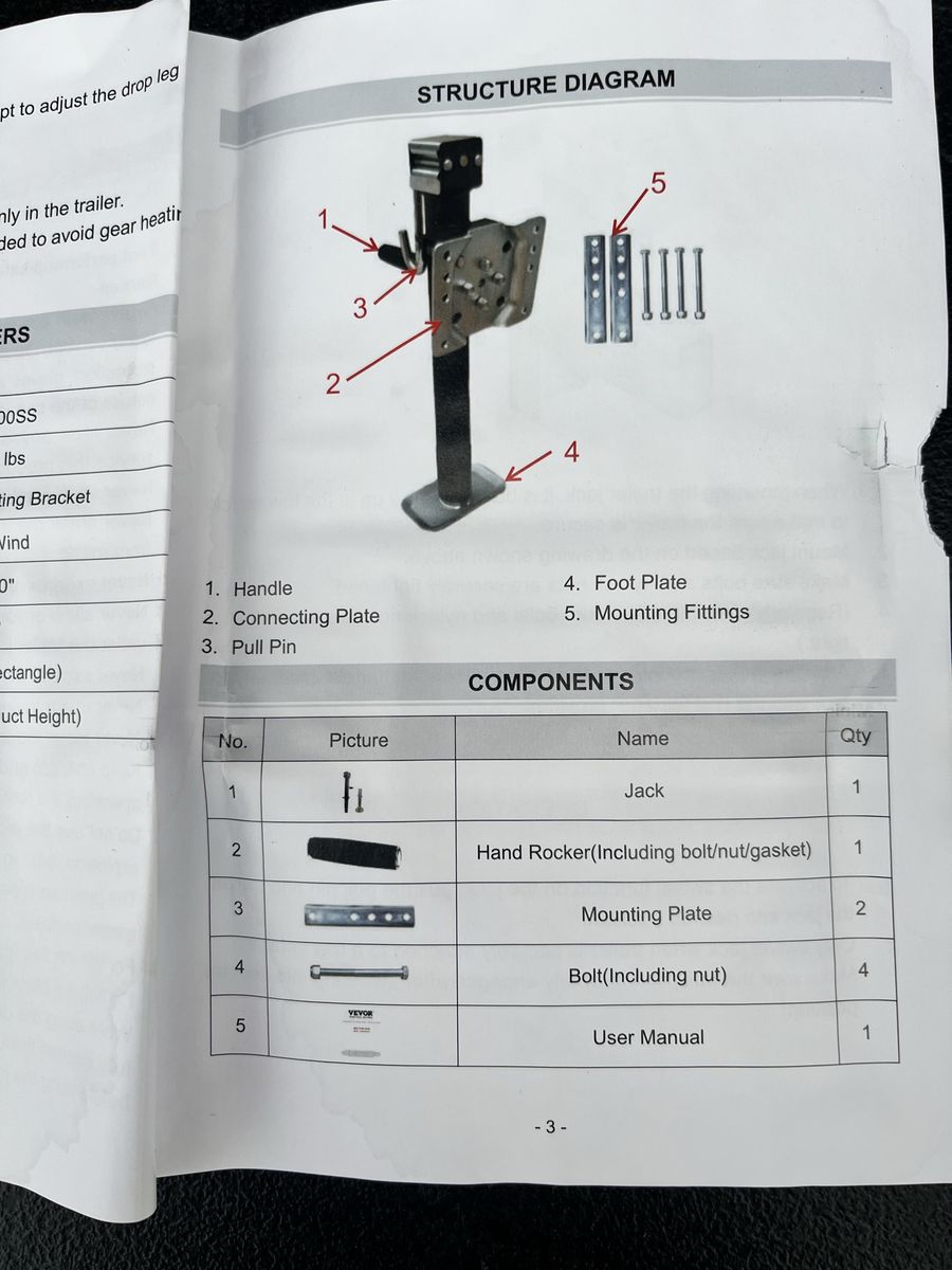 New Bolt On Trailer Swing Jack 2500 Lb.