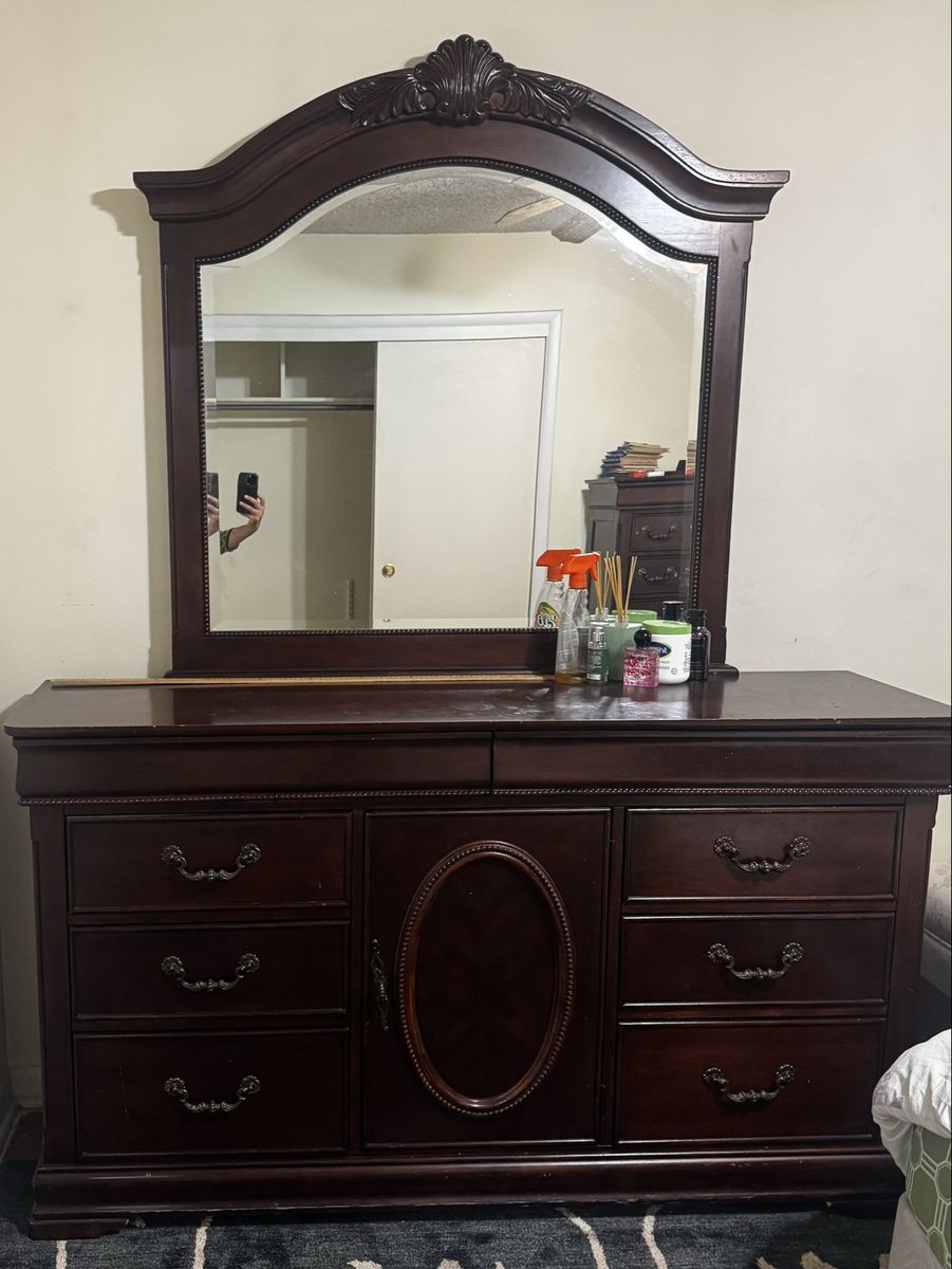 Dark Wood Dresser with Mirror & Nightstand - Ornate Handles, Bedroom Furniture Set