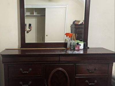 Dark Wood Dresser with Mirror & Nightstand - Ornate Handles, Bedroom Furniture Set
