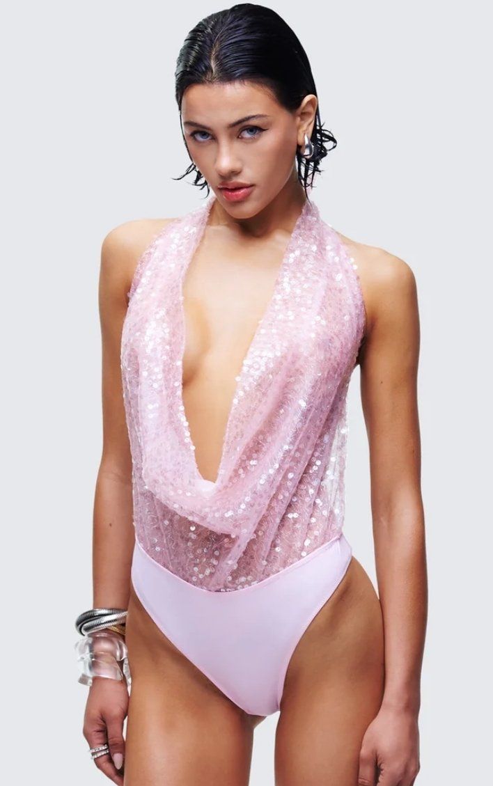 Pink Sequin Halter Bodysuit