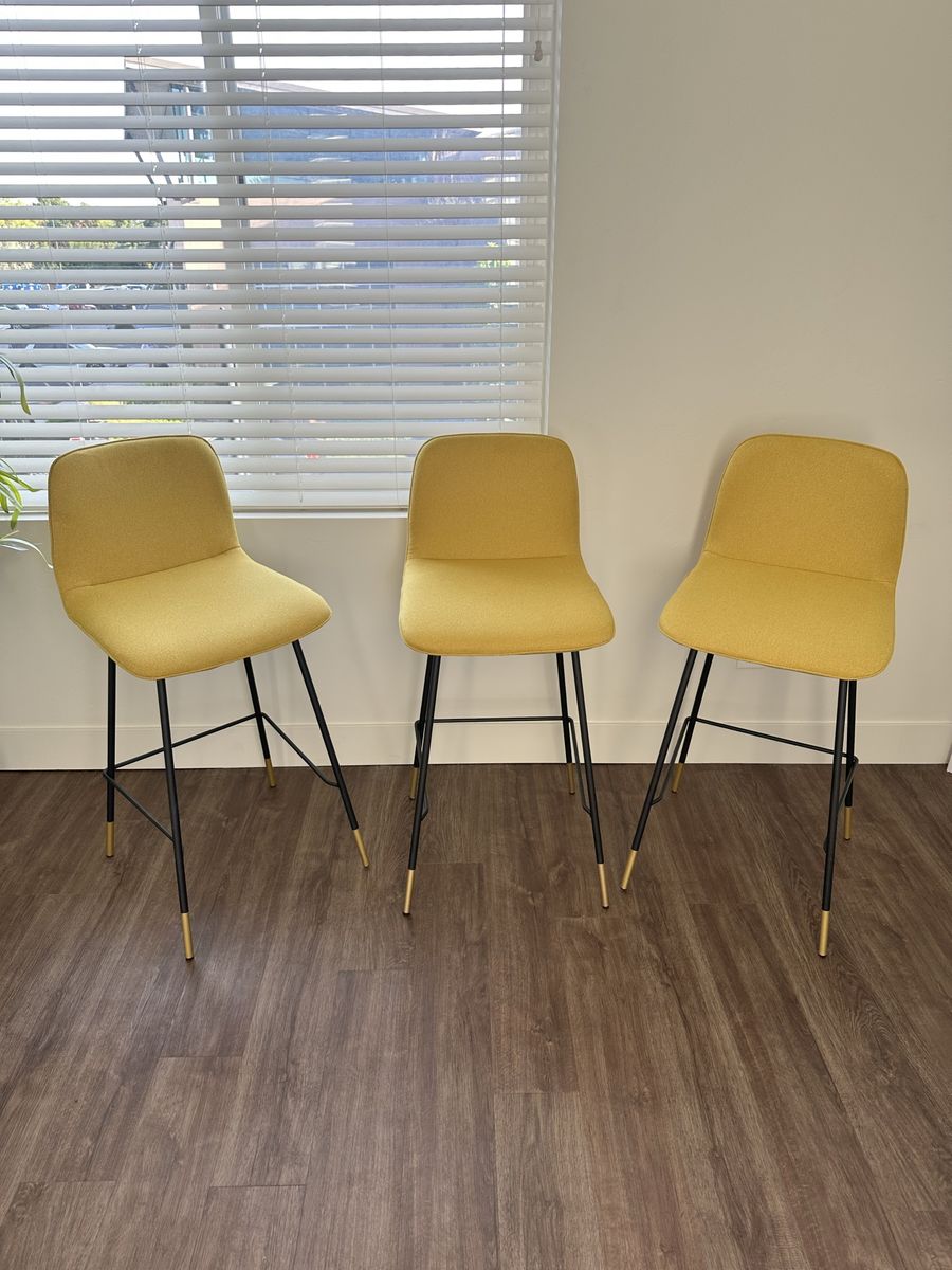 Set of 3 Modern Yellow Upholstered Barstools with Black and Gold Legs