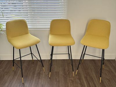 Set of 3 Modern Yellow Upholstered Barstools with Black and Gold Legs