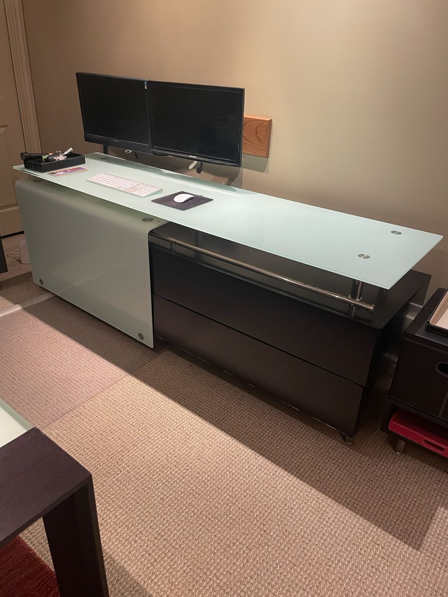 Modern Frosted Glass & Dark Wood Office Desk with Storage
