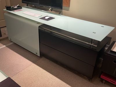 Modern Frosted Glass & Dark Wood Office Desk with Storage