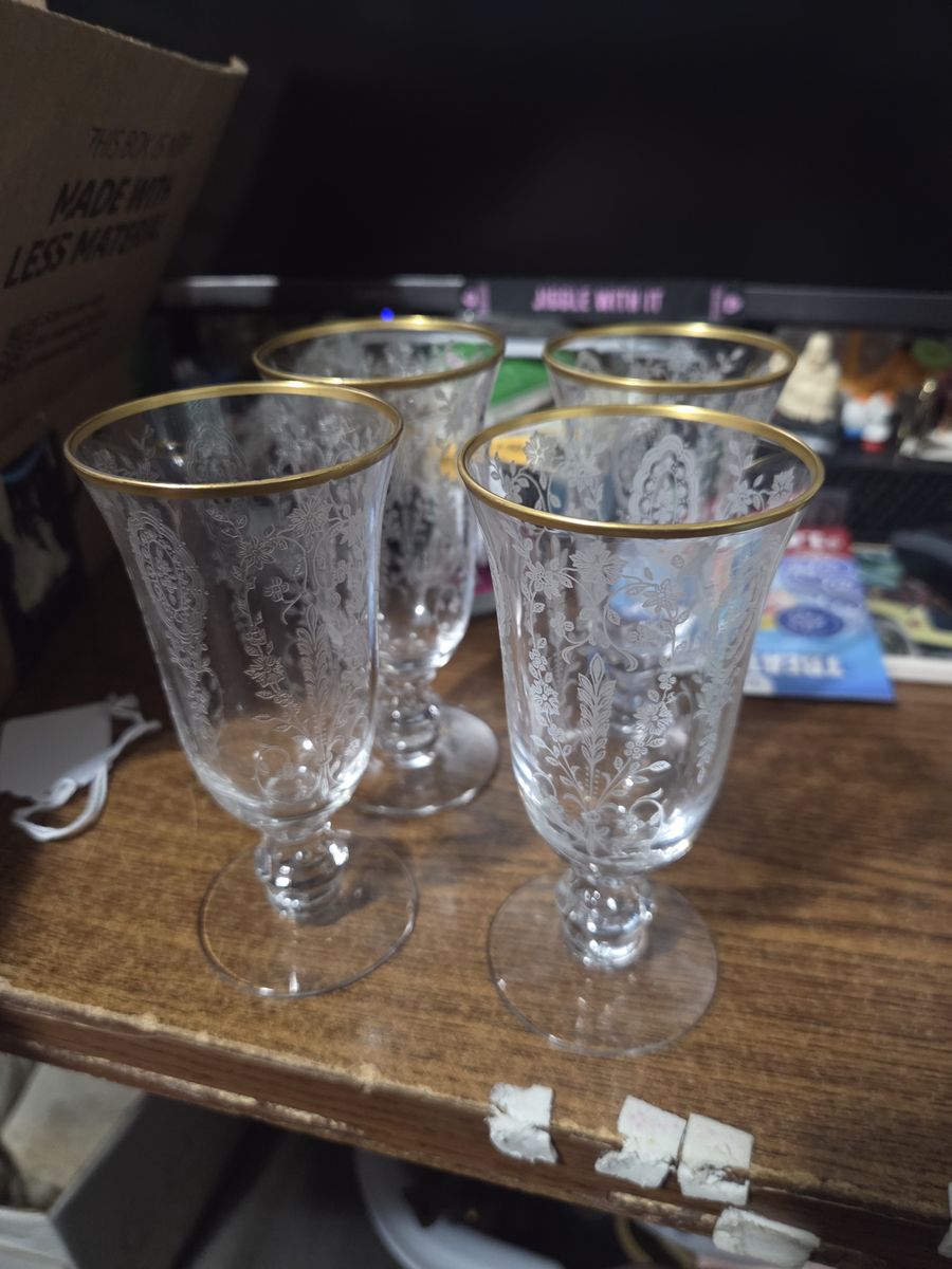 4 Vintage Tiffin gold rimmed Crystal fluted water goblets