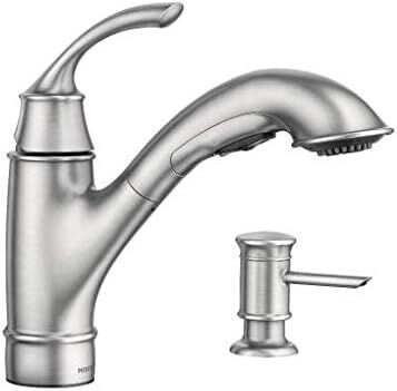 NEW MOEN BRUSHED NICKEL PULL OUT KITCHEN FACUET AND SOAP DISPENSER