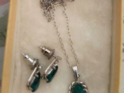 Vintage Sterling Silver Malachite Pendant Necklace & Green Enamel Celtic Earrings Set and crosses
