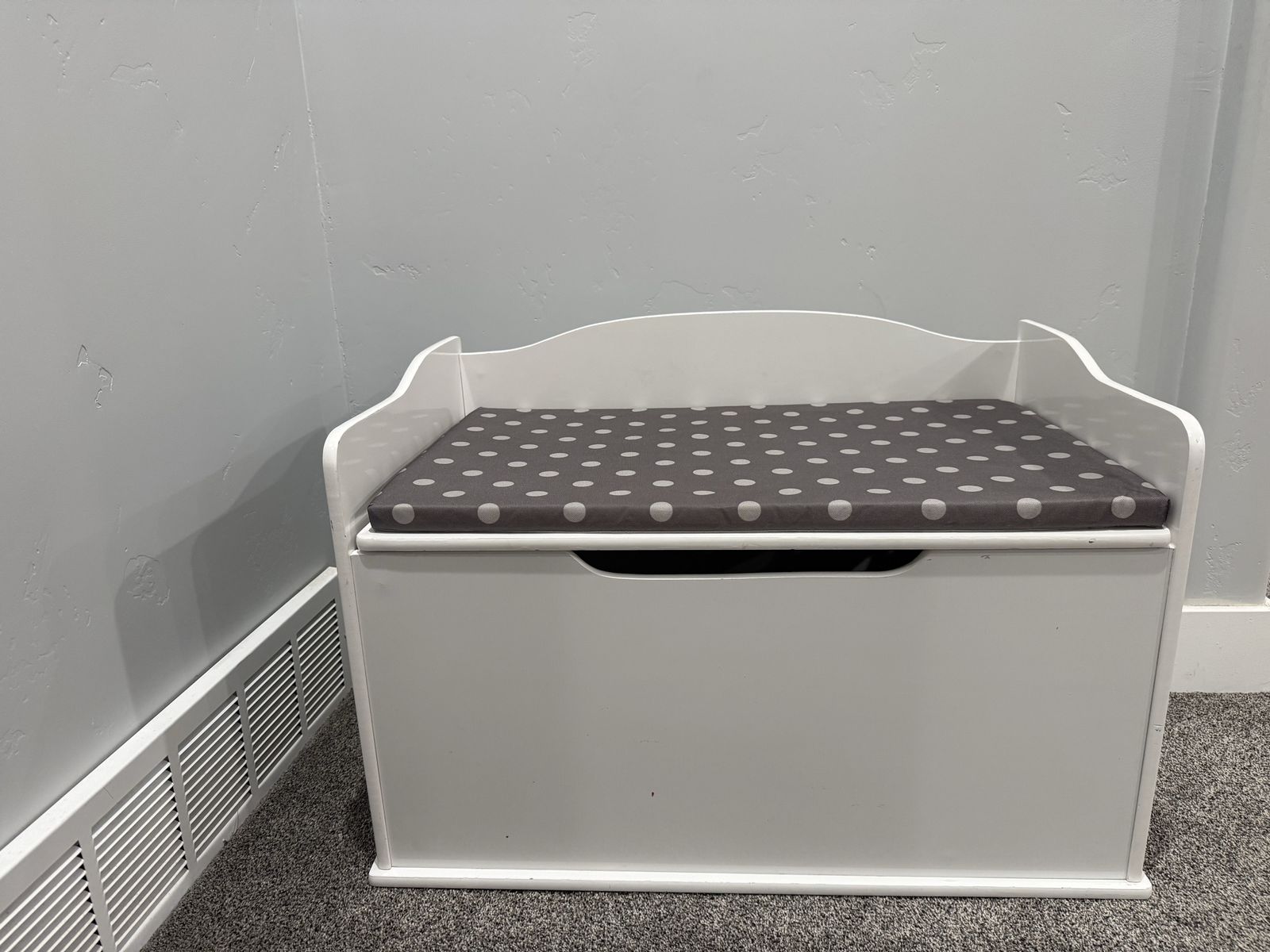 White Wooden Toy Box Storage Chest with Gray Polka Dot Cushion Bench