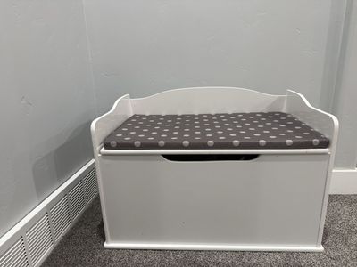 White Wooden Toy Box Storage Chest with Gray Polka Dot Cushion Bench