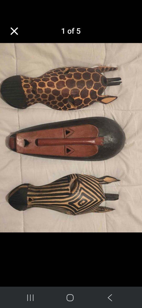 African Hand-Carved Wooden Tribal Masks - Zebra, Giraffe, & Face Wall Decor Set
