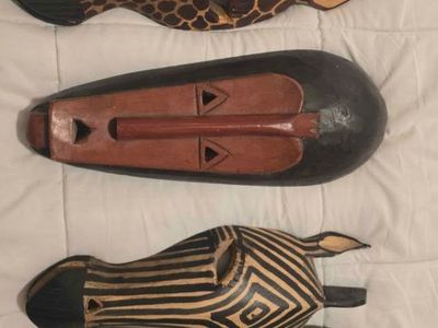 African Hand-Carved Wooden Tribal Masks - Zebra, Giraffe, & Face Wall Decor Set