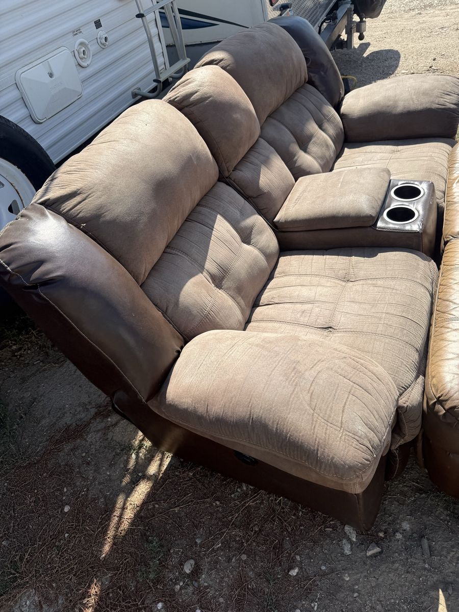 2 Brown Reclining Sofa Loveseats with Center Console and Cup Holders