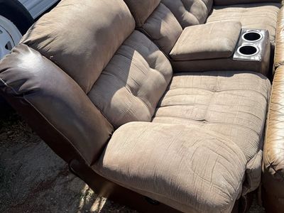 2 Brown Reclining Sofa Loveseats with Center Console and Cup Holders